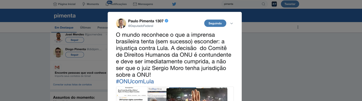 Pimenta: o mundo já sabe o que a mídia brasileira tenta esconder Pimenta: o mundo já sabe o que a mídia brasileira tenta esconder