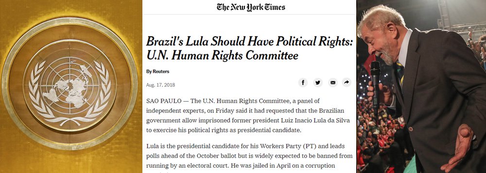 New York Times destaca o que a mídia nacional esconde: ONU exige Lula nas eleições New York Times destaca o que a mídia nacional esconde: ONU exige Lula nas eleições
