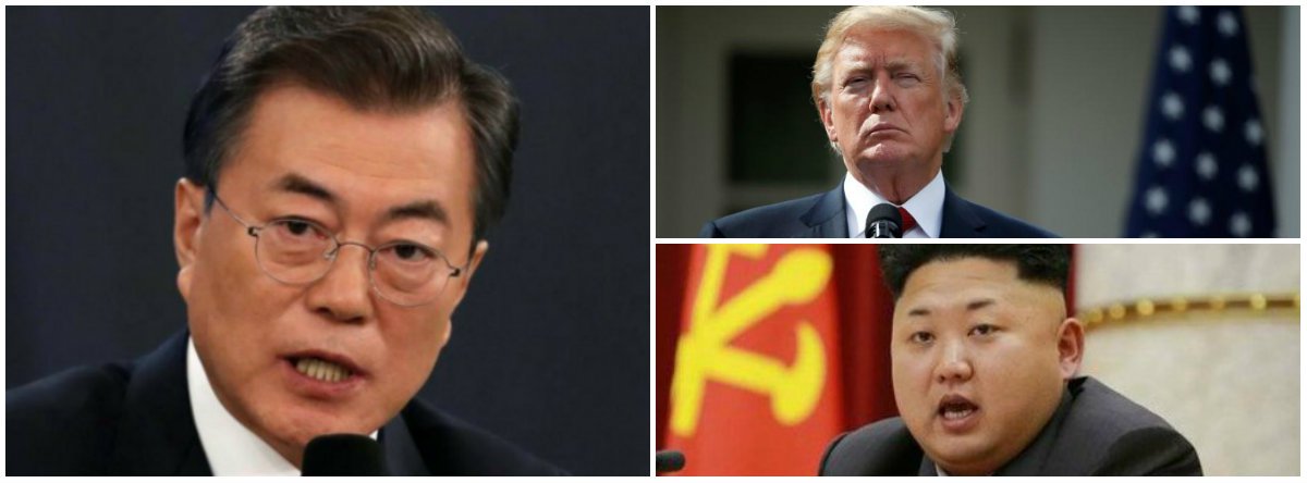 Presidente sul-coreano pode ser elo para novo encontro entre Trump e Kim (Foto: Dir.: em cima (Joshua Roberts - Reuters) / embaixo (Reuters)) Presidente sul-coreano pode ser elo para novo encontro entre Trump e Kim