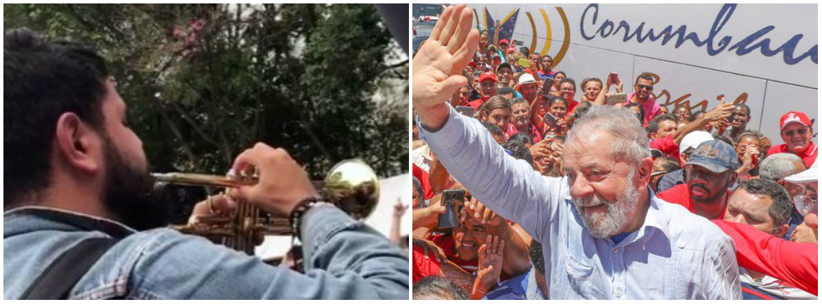 Ato surpresa com trompetista defende a liberdade de Lula em São Paulo (Foto: Esq: Paulo Donizetti de Sauza (RBA) / Dir.: Stuckert) Ato surpresa com trompetista defende a liberdade de Lula em São Paulo