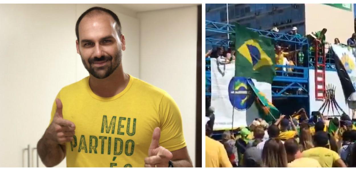 Eduardo Bolsonaro paticipa de manifestação em favor de Sérgio Moro em Brasília (Foto: Reprodução Twitter / YouTube) Eduardo Bolsonaro paticipa de manifestação em favor de Sérgio Moro em Brasília