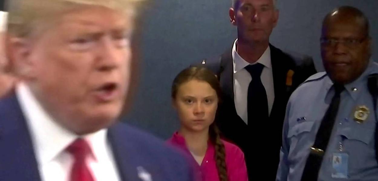 Greta Thunberg encara Donald Trump em reunião do clima na ONU (Foto: Reuters) Greta Thunberg encara Donald Trump em reunião do clima na ONU