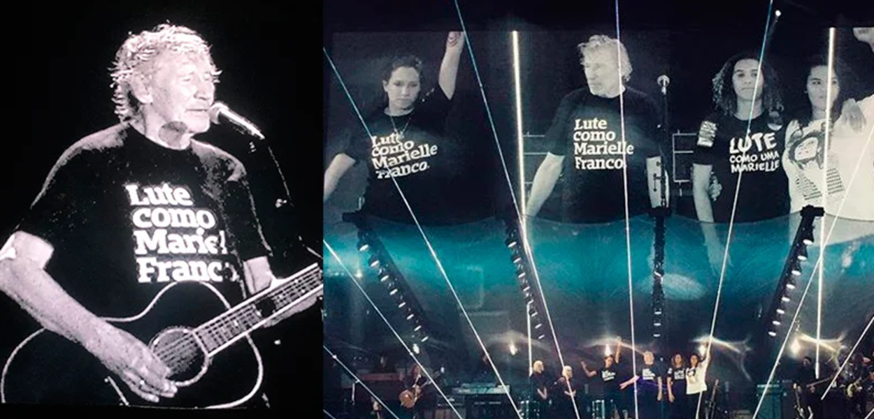 Cantor Roger Waters vestindo camiseta em homenagem a Marielle Franco (Foto: Reprodução/Twitter) Cantor Roger Waters vestindo camiseta em homenagem a Marielle Franco