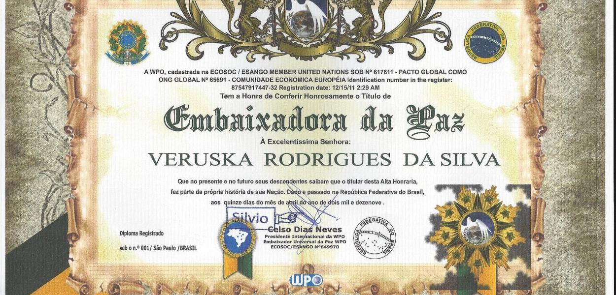 Diploma de Embaixadora da Paz de Veruska Rodrigues (Foto: Reprodução) Diploma de Embaixadora da Paz de Veruska Rodrigues