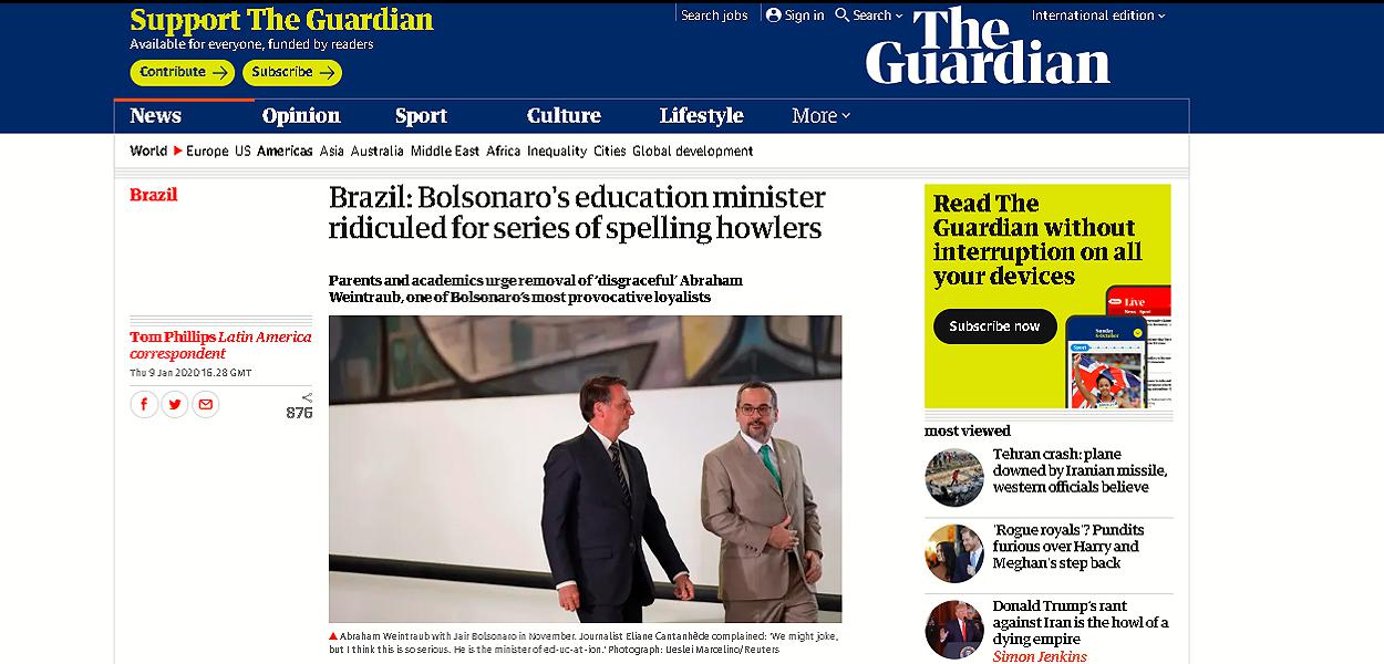The Guardian destaca erros ortográficos de Abraham Weintraub (Foto: Reprodução/The Guardian) The Guardian destaca erros ortográficos de Abraham Weintraub