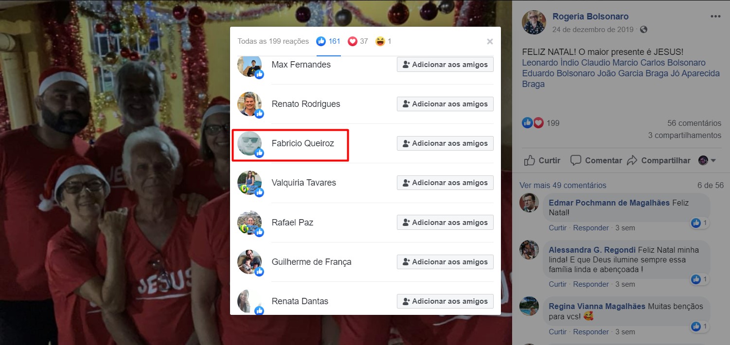 fabricio queiroz curtiu post no facebook de rogeria bolsonaro