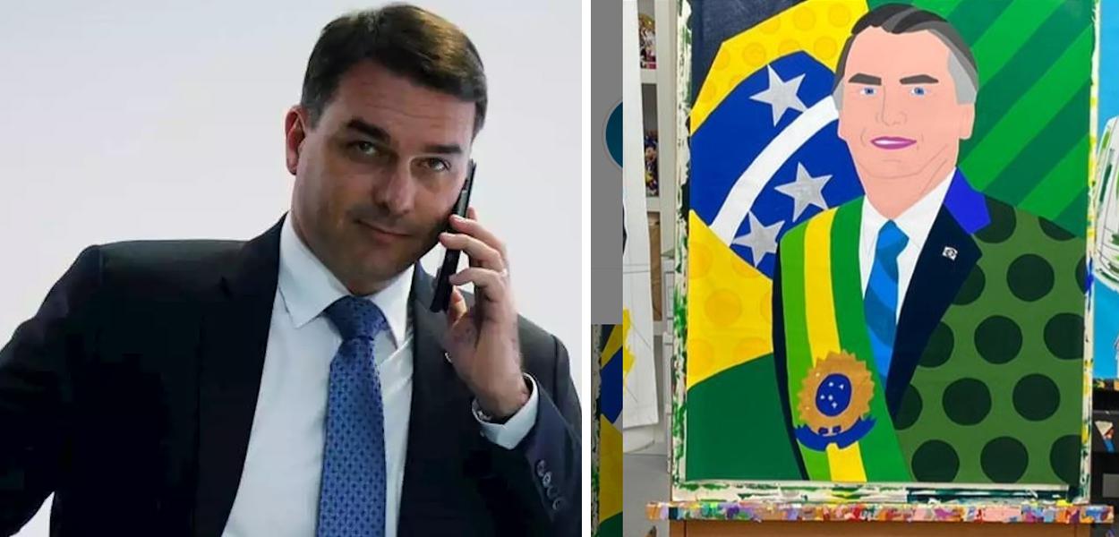 Flávio Bolsonaro e quadro de Romero Britto (Foto: Reuters | Reprodução) Flávio Bolsonaro e quadro de Romero Britto