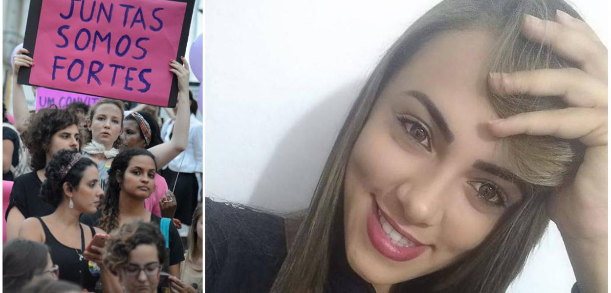 Manifestação contra feminicídio. Raquel Bonfim de Santana Araújo foi mais uma vítima (Foto: Esq.: Fernando Frazão/ABR - Dir.: Reprodução) Manifestação contra feminicídio. Raquel Bonfim de Santana Araújo foi mais uma vítima