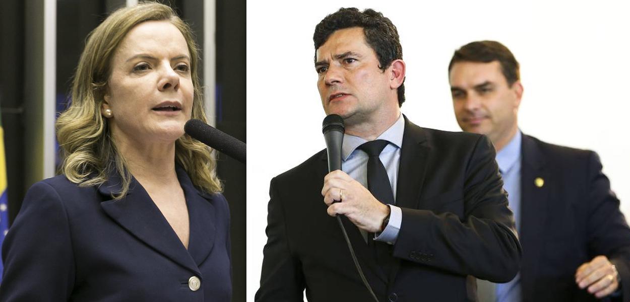 Gleisi Hoffmann, Sérgio Moro e Flávio Bolsonaro ao fundo (Foto: Gustavo Bezerra | ABr) Gleisi Hoffmann, Sérgio Moro e Flávio Bolsonaro ao fundo