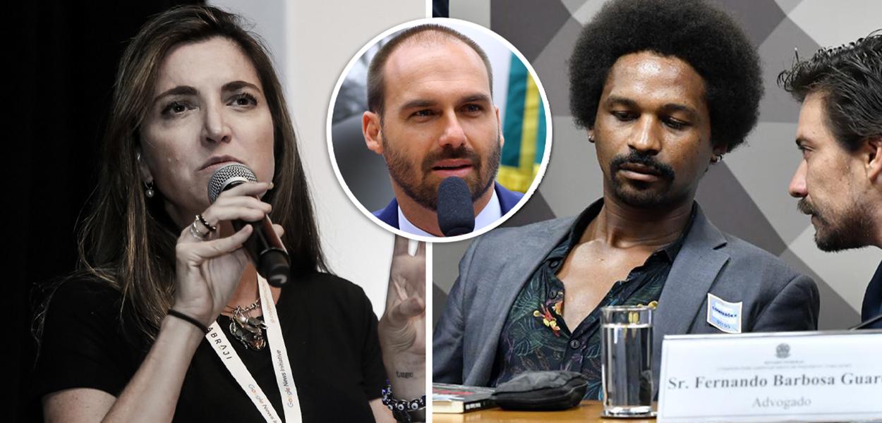 Patrícia Campos Mello, Eduardo Bolsonaro e Hans River (Foto: Alice Vergueiro/Abraji | Câmara dos Deputados | Senado) Patrícia Campos Mello, Eduardo Bolsonaro e Hans River