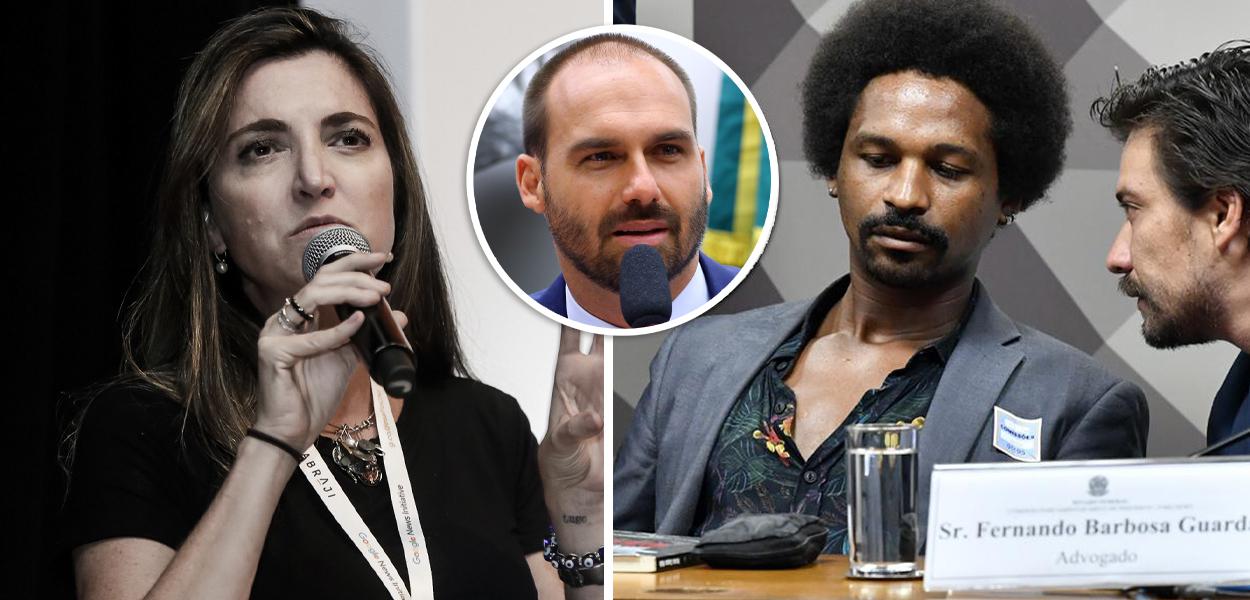 Patrícia Campos Mello, Eduardo Bolsonaro e Hans River (Foto: Alice Vergueiro/Abraji | Câmara dos Deputados | Senado) Patrícia Campos Mello, Eduardo Bolsonaro e Hans River