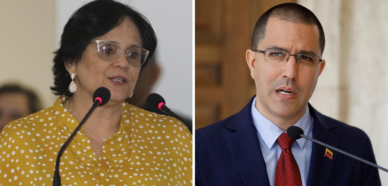 Damares Alves e Jorge Arreaza (Foto: ABr | Reuters) Damares Alves e Jorge Arreaza
