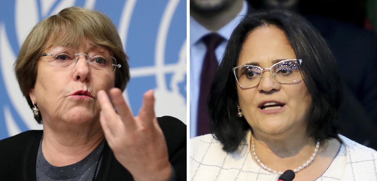 Michelle Bachelet e Damares Alves (Foto: Reuters | Wilson Dias/Agência Brasil) Michelle Bachelet e Damares Alves