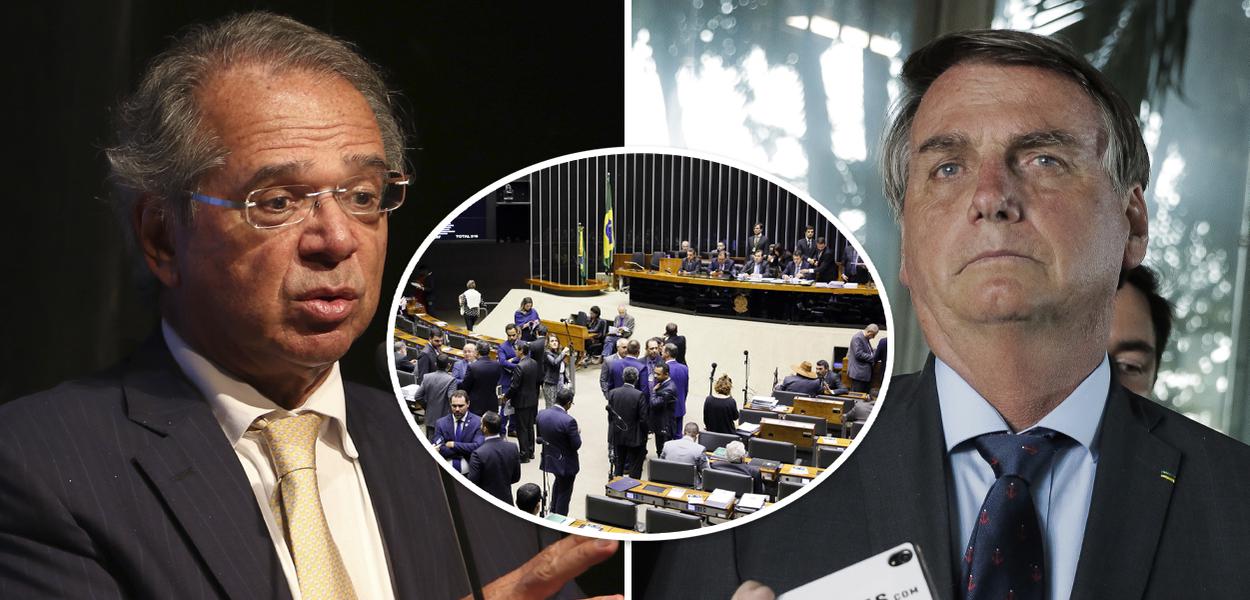 Paulo Guedes, plenário da Câmara dos Deputados e Jair Bolsonaro (Foto: ABr | Câmara dos Deputados) Paulo Guedes, plenário da Câmara dos Deputados e Jair Bolsonaro
