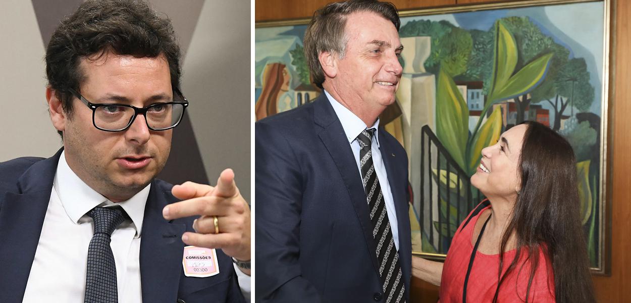 Fabio Wajngarten; Jair Bolsonaro e Regina Duarte (Foto: Marcos Oliveira/Senado | Marcos Corrêa/PR) Fabio Wajngarten; Jair Bolsonaro e Regina Duarte
