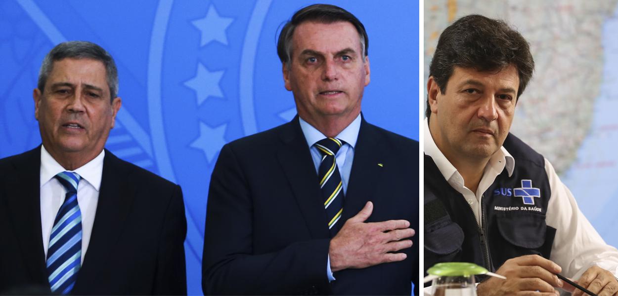 Braga Netto, Jair Bolsonaro e Luiz Henrique Mandetta (Foto: Valter Campanato/Agência Brasil | Marcos Corrêa/PR) Braga Netto, Jair Bolsonaro e Luiz Henrique Mandetta