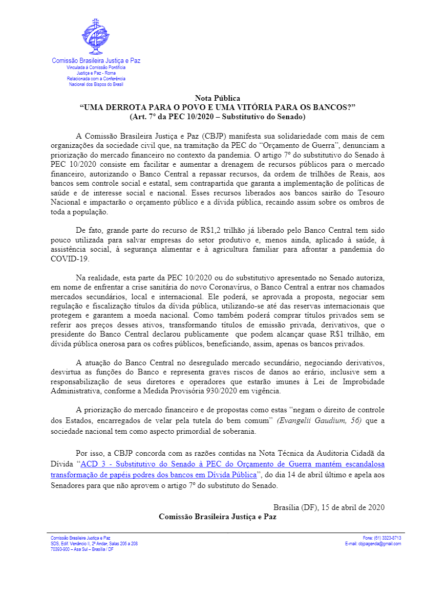 Nota da Comissão Brasileira de Justiça e Paz