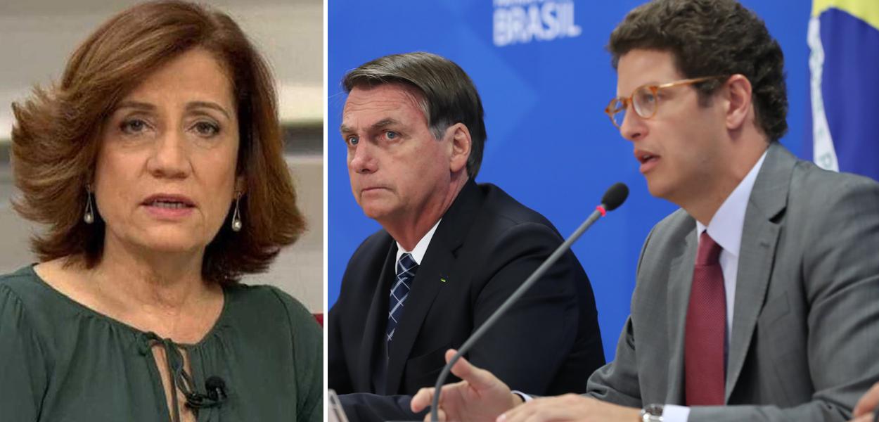 Miriam Leitão, Jair Bolsonaro e Ricardo Salles (Foto: Reprodução | Marcos Corrêa/PR) Miriam Leitão, Jair Bolsonaro e Ricardo Salles