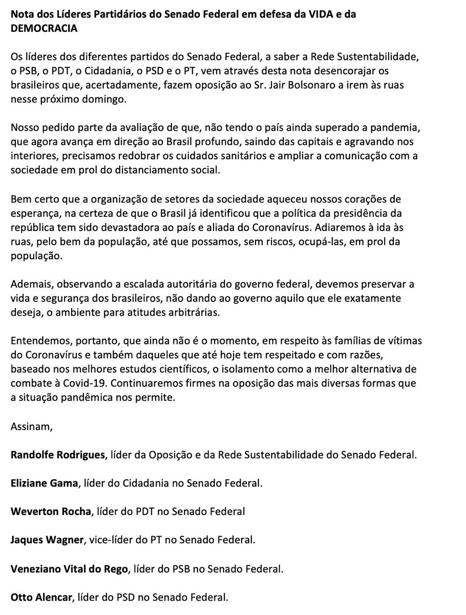 Nota de partidos de oposição contra manifestações