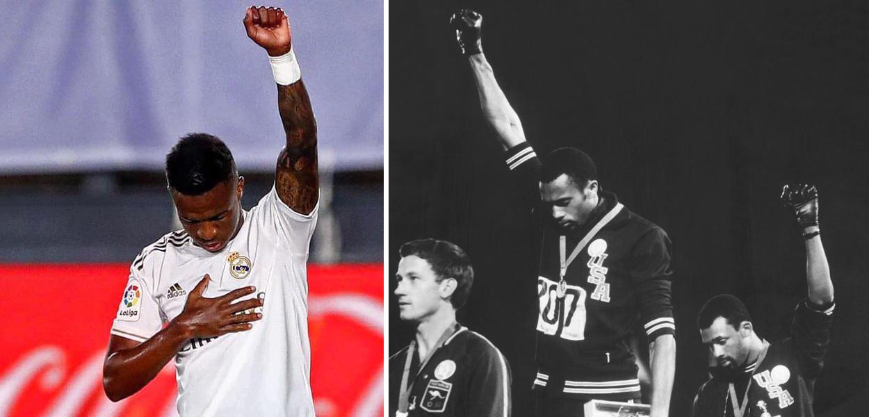 Vinicius Junior; Peter Norman, Tommie Smith e John Carlos (Foto: Reprodução) Vinicius Junior; Peter Norman, Tommie Smith e John Carlos