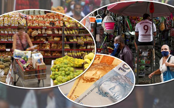 Pessoas fazendo compras e cédulas de Real (Foto: Reuters | USP Imagens) Pessoas fazendo compras e cédulas de Real
