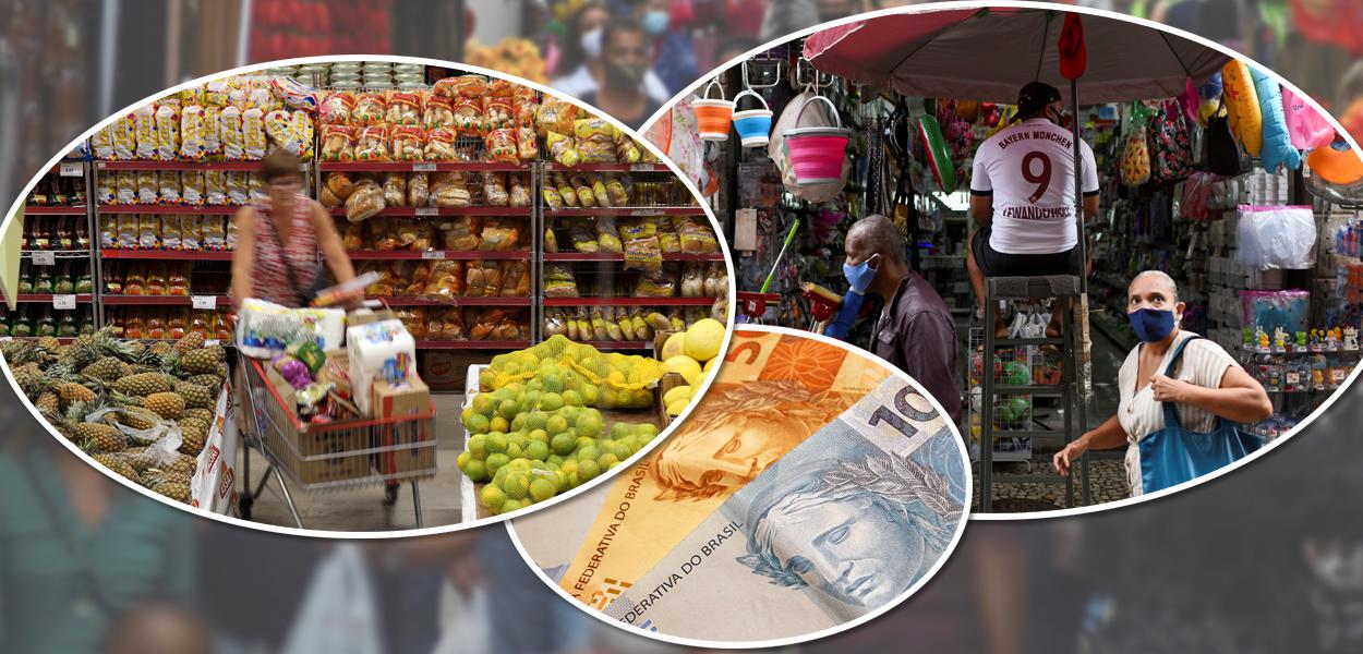 Pessoas fazendo compras e cédulas de Real (Foto: Reuters | USP Imagens) Pessoas fazendo compras e cédulas de Real