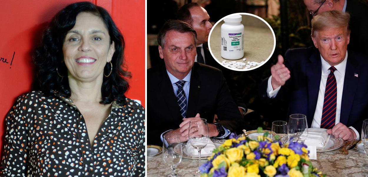 Cynara Menezes, Bolsonaro com Trump e pote de cloroquina (Foto: Felipe Gonçalves/Brasil 247 | Reuters) Cynara Menezes, Bolsonaro com Trump e pote de cloroquina
