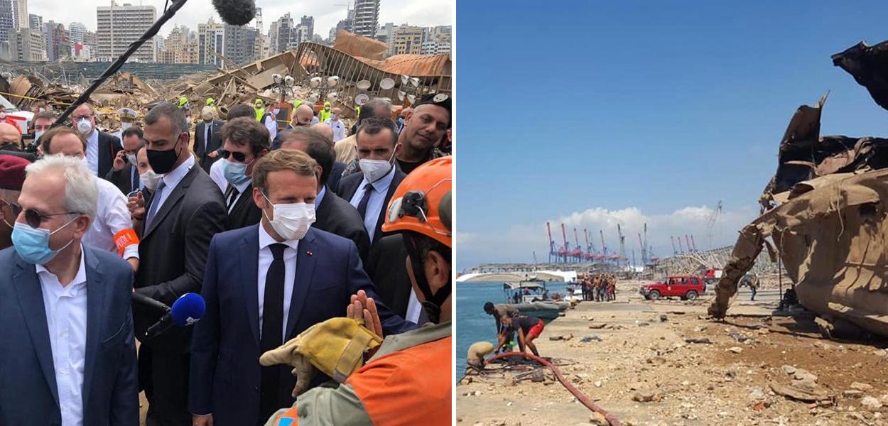 Emmanuel Macron (França) no Líbano (Foto: CivilDefenseLB) Emmanuel Macron (França) no Líbano