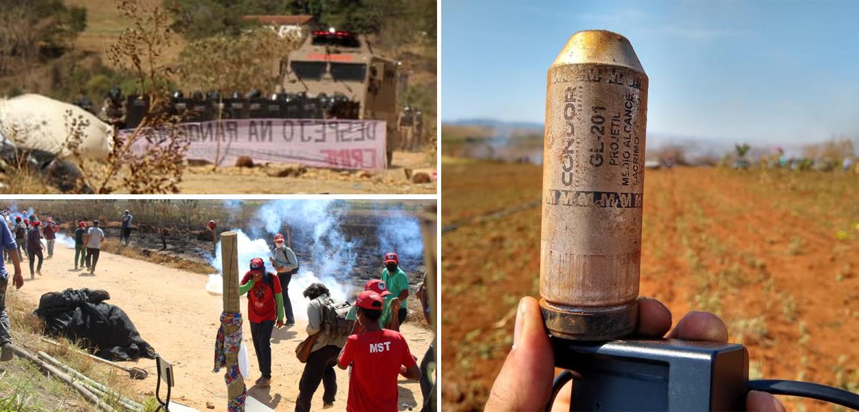 PM de Minas usa bombas e veículo blindado no despejo de famílias no Quilombo do Meio (Foto: MST/Divulgação) PM de Minas usa bombas e veículo blindado no despejo de famílias no Quilombo do Meio