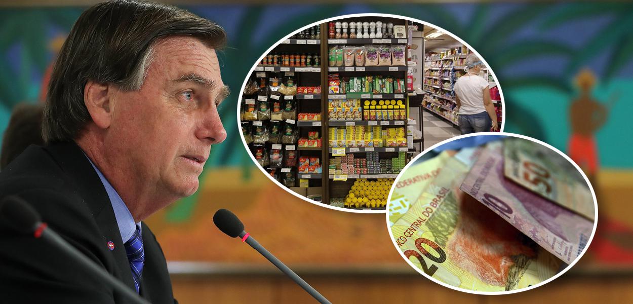 Jair Bolsonaro, pessoa fazendo compras no mercado e notas de real (Foto: Marcos Corrêa/PR | ABr) Jair Bolsonaro, pessoa fazendo compras no mercado e notas de real