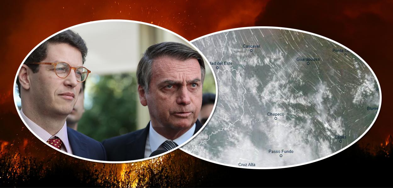 Ricardo Salles com Bolsonaro e imagem de satélite mostrando fumaça em Santa Catarina (Foto: Marcos Corrêa/PR | Reuters | Reprodução) Ricardo Salles com Bolsonaro e imagem de satélite mostrando fumaça em Santa Catarina