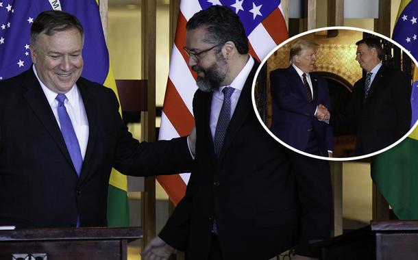 Mike Pompeo com Ernesto Araújo, no detalhe Trump com Bolsonaro