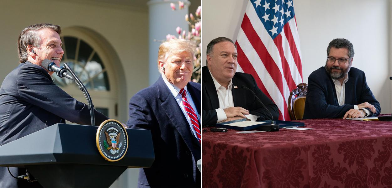Bolsonaro com Trump e Mike Pompeo com Ernesto Araújo (Foto: Isac Nóbrega/PR | Departamento de Estado/Ron Przysucha) Bolsonaro com Trump e Mike Pompeo com Ernesto Araújo