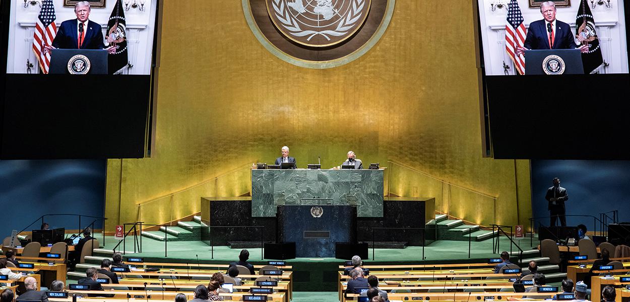 Plenário da Assembleia-Geral da ONU durante discurso gravado do presidente dos EUA, Donald Trump 22/09/2020 (Foto: Nações Unidas/Divulgação via REUTERS) Plenário da Assembleia-Geral da ONU durante discurso gravado do presidente dos EUA, Donald Trump 22/09/2020