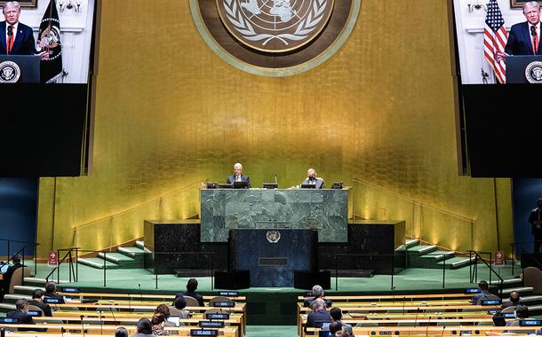 Plenário da Assembleia-Geral da ONU durante discurso gravado do presidente dos EUA, Donald Trump 22/09/2020 (Foto: Nações Unidas/Divulgação via REUTERS) Plenário da Assembleia-Geral da ONU durante discurso gravado do presidente dos EUA, Donald Trump 22/09/2020
