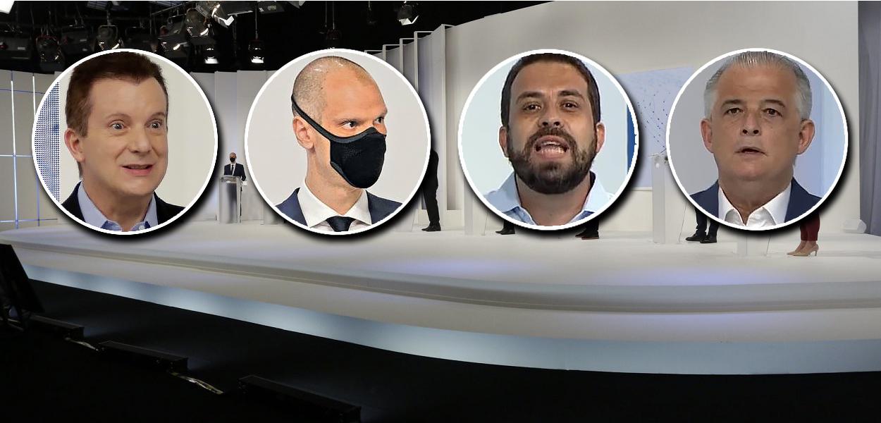 Calso Russomanno, Bruno Covas, Guilherme Boulos e Márcio França (Foto: TV Bandeirantes) Calso Russomanno, Bruno Covas, Guilherme Boulos e Márcio França