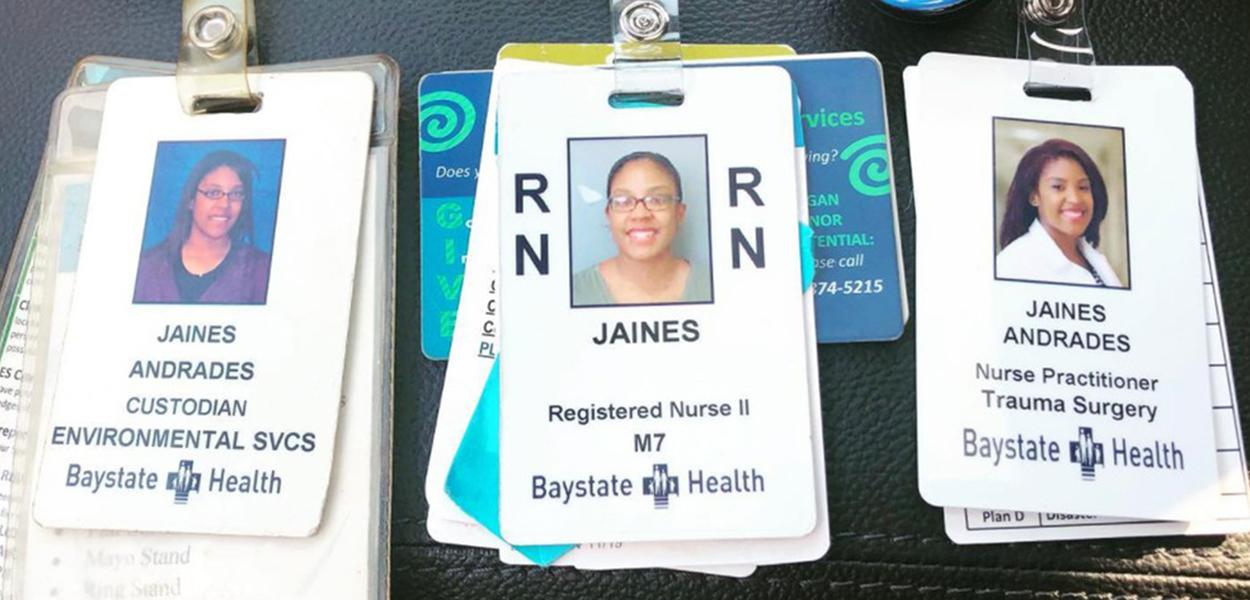Os três crachás de Jaines Andrades no no Baystate Medical, em Springfield, Massachussetts (Foto: Reprodução/Facebook/Jaines Andrades) Os três crachás de Jaines Andrades no no Baystate Medical, em Springfield, Massachussetts