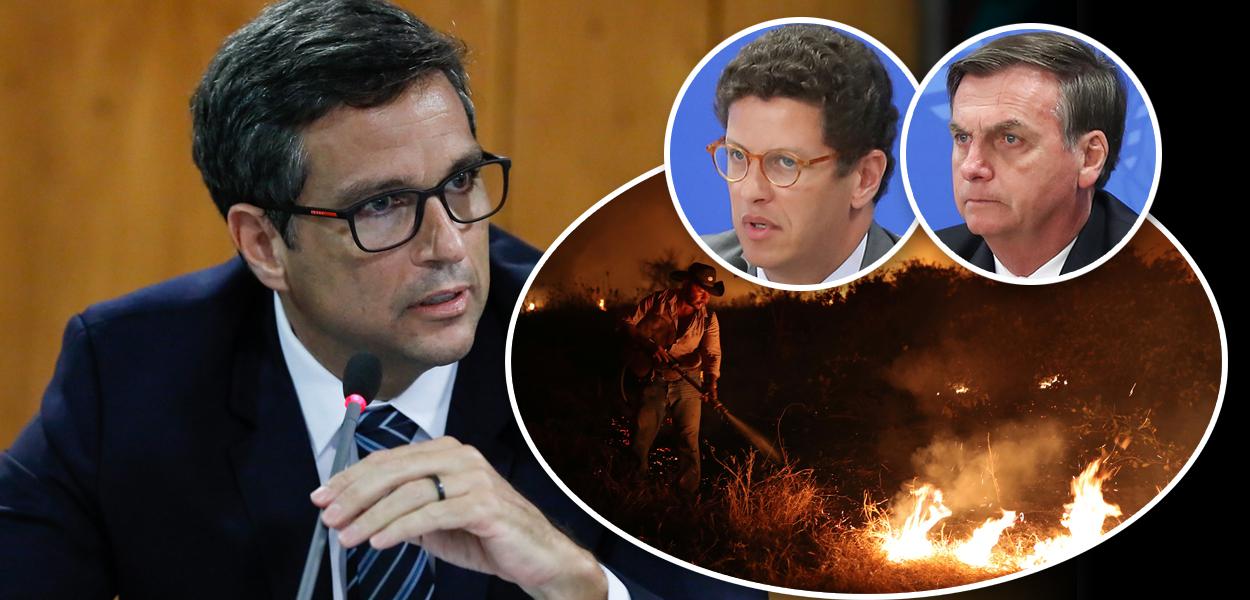 Campos Neto, Ricardo Salles, Bolsonaro e Pantanal em chamas (Foto: Isac Nóbrega/PR | Reuters | PR) Campos Neto, Ricardo Salles, Bolsonaro e Pantanal em chamas
