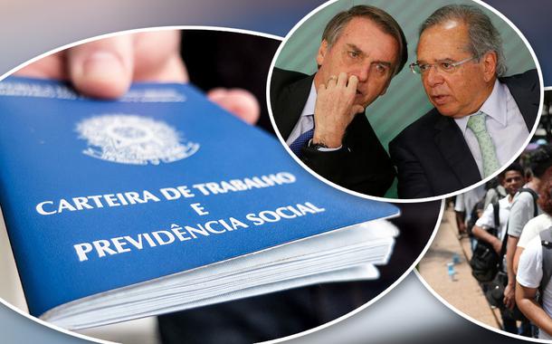 Carteira de trabalho, Bolsonaro com Paulo Guedes e fila por emprego (Foto: Rafael Neddermeyer/Fotos Publicas | Reuters) Carteira de trabalho, Bolsonaro com Paulo Guedes e fila por emprego