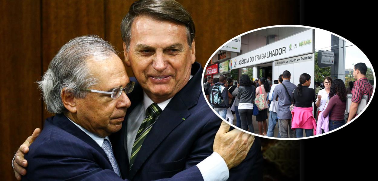 Paulo Guedes com Jair Bolsonaro e fila em agência de emprego (Foto: Marcelo Camargo/Agência Brasil | José Cruz/Agência Brasil) Paulo Guedes com Jair Bolsonaro e fila em agência de emprego