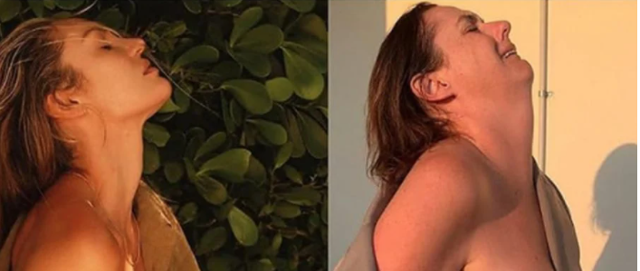 A imagem original de Candice Swanepoel e a paródia de Celeste Barber (Foto: Instagram) A imagem original de Candice Swanepoel e a paródia de Celeste Barber