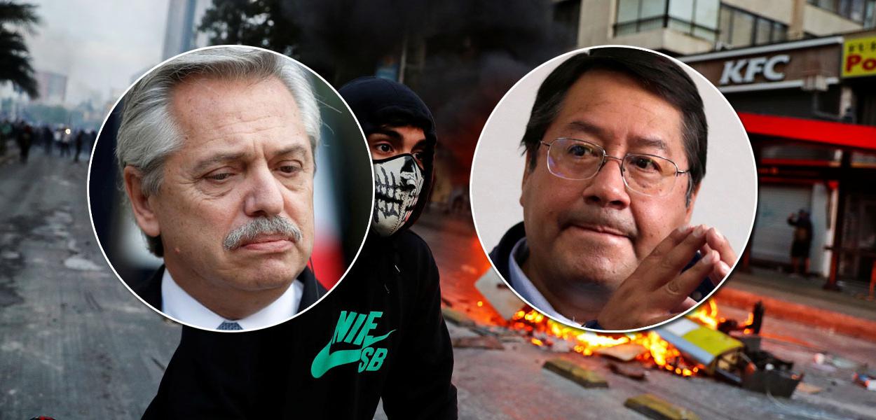 Alberto Fernández, presidente, Luis Arce, eleito presidente da Bolívia, e ao fundo protesto contra o governo chileno de Sebastián Piñera (Foto: REUTERS) www.brasil247.com - Alberto Fernández, presidente, Luis Arce, eleito presidente da Bolívia, e ao fundo protesto contra o governo chileno de Sebastián Piñera