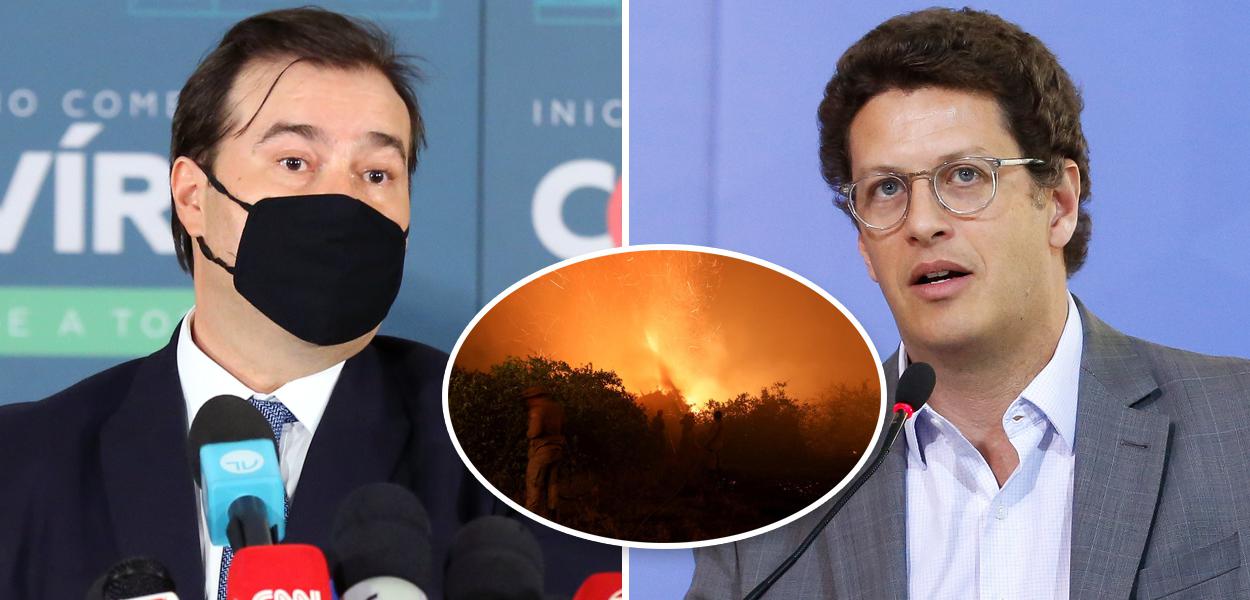 Rodrigo Maia, Pantanal em chamas e Ricardo Salles (Foto: Najara Araujo/Câmara dos Deputados | Reuters | Carolina Antunes/PR) Rodrigo Maia, Pantanal em chamas e Ricardo Salles