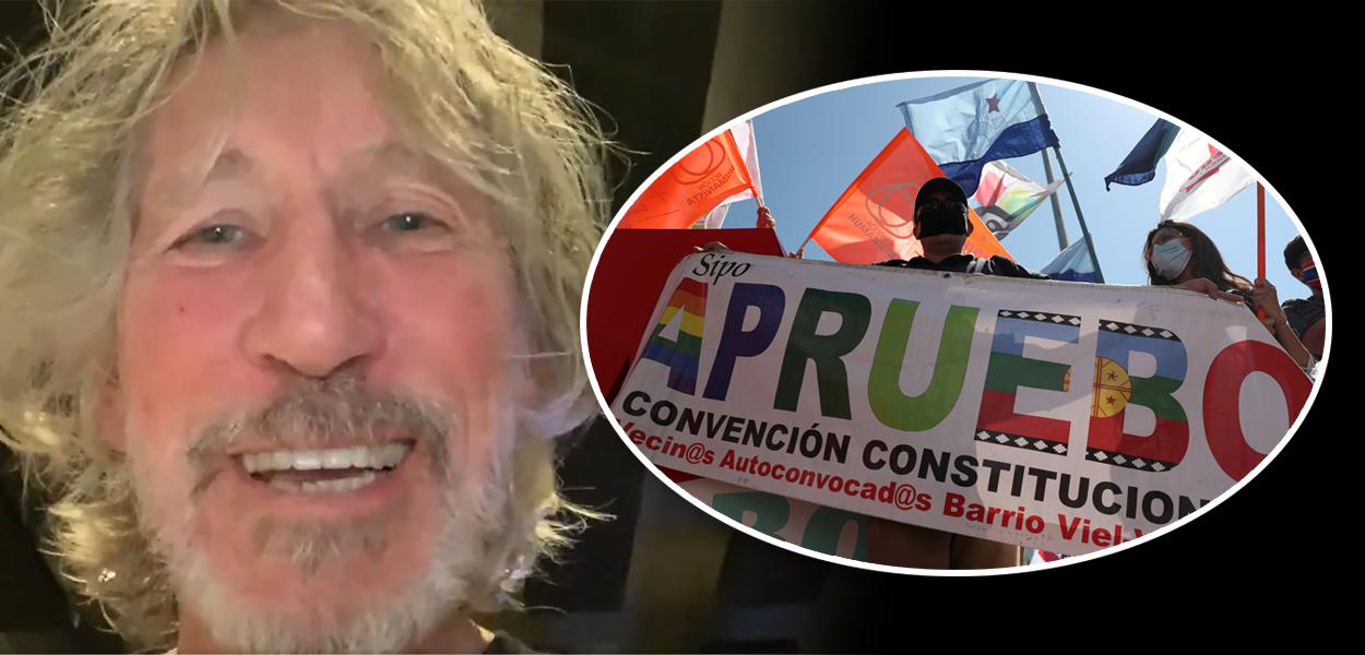 Roger Waters e manifestantes protestam em Santiago antes de referendo no Chile (Foto: Reprodução | Reuters) Roger Waters e manifestantes protestam em Santiago antes de referendo no Chile