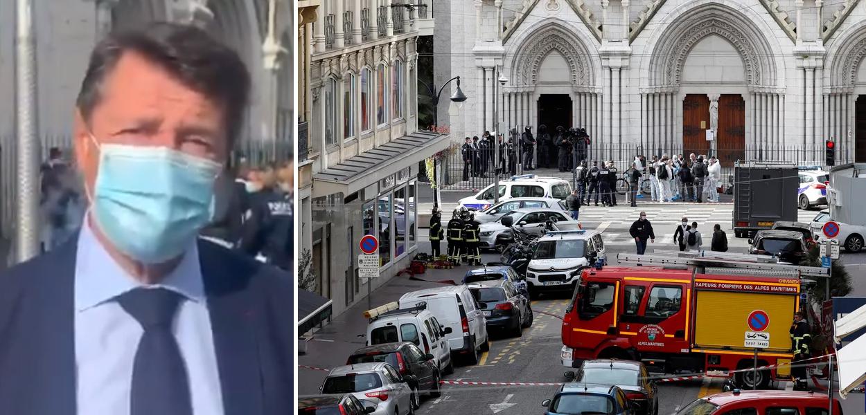 Christian Estrosi; Forças de segurança em área isolada em frente à Basílica de Notre-Dame de Nice, na França, após ataque a faca (Foto: Reprodução | Eric Gaillard/Reuters) Christian Estrosi; Forças de segurança em área isolada em frente à Basílica de Notre-Dame de Nice, na França, após ataque a faca