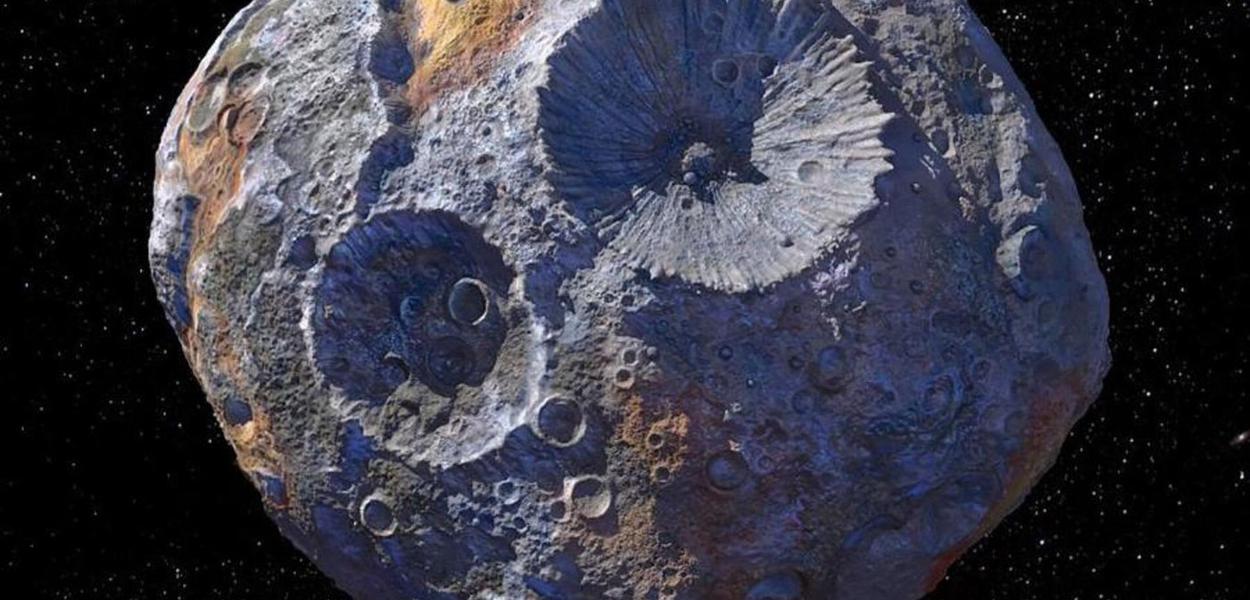 Ilustração do 16 Psyche, asteroide formado inteiramente por ferro e níquel Ilustração do 16 Psyche, asteroide formado inteiramente por ferro e níquel