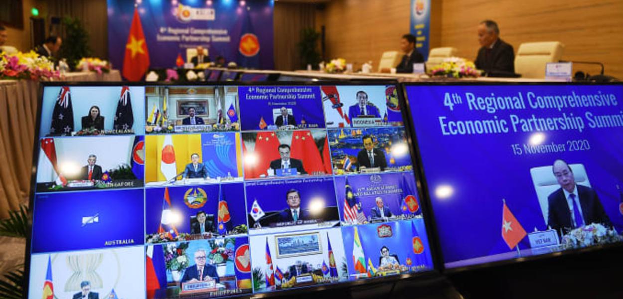 Em reunião virtual é assinado o maior acordo comercial do mundo (Foto: CNBC) Em reunião virtual é assinado o maior acordo comercial do mundo