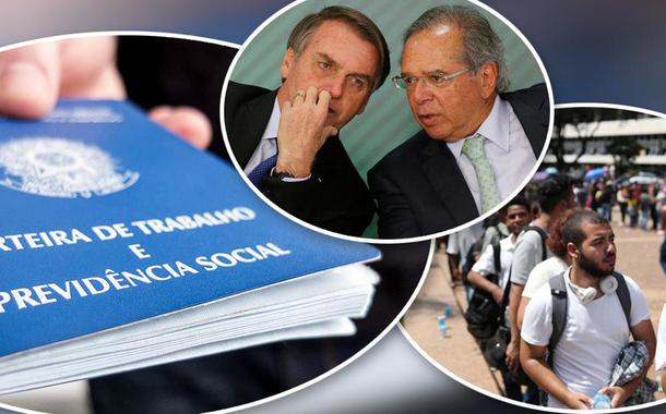 Carteira de trabalho, Bolsonaro com Paulo Guedes e fila por emprego (Foto: Rafael Neddermeyer/Fotos Publicas | Reuters) Carteira de trabalho, Bolsonaro com Paulo Guedes e fila por emprego