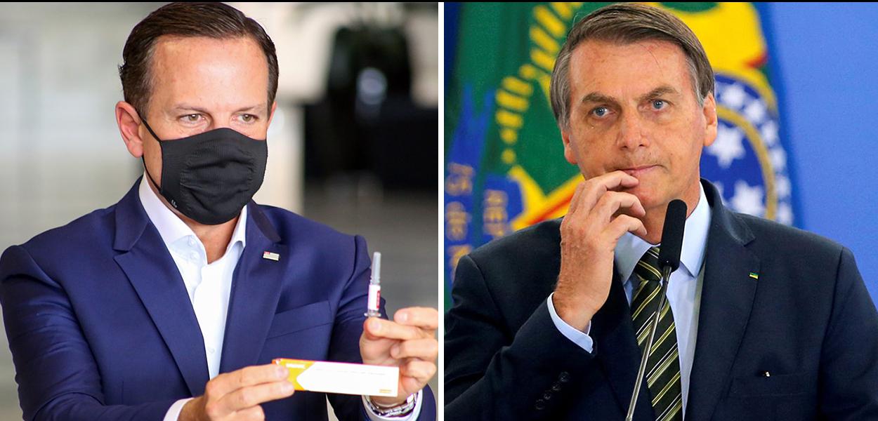 Doria segurando a vacina CoronaVac e Jair Bolsonaro.