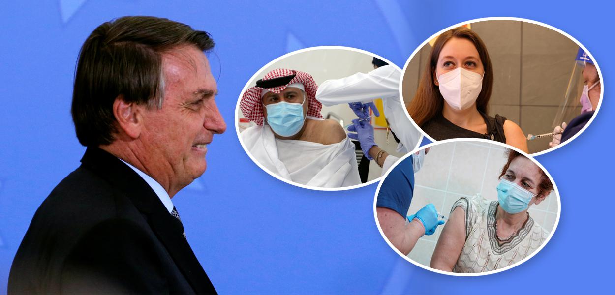 Bolsonaro e pessoas pelo mundo sendo vacinadas (Foto: Reuters) Bolsonaro e pessoas pelo mundo sendo vacinadas